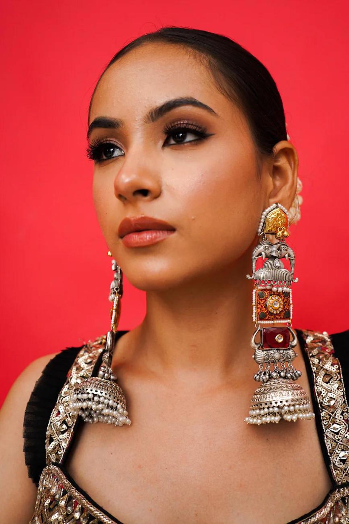 Silver Jhumka with Red stone image 0
