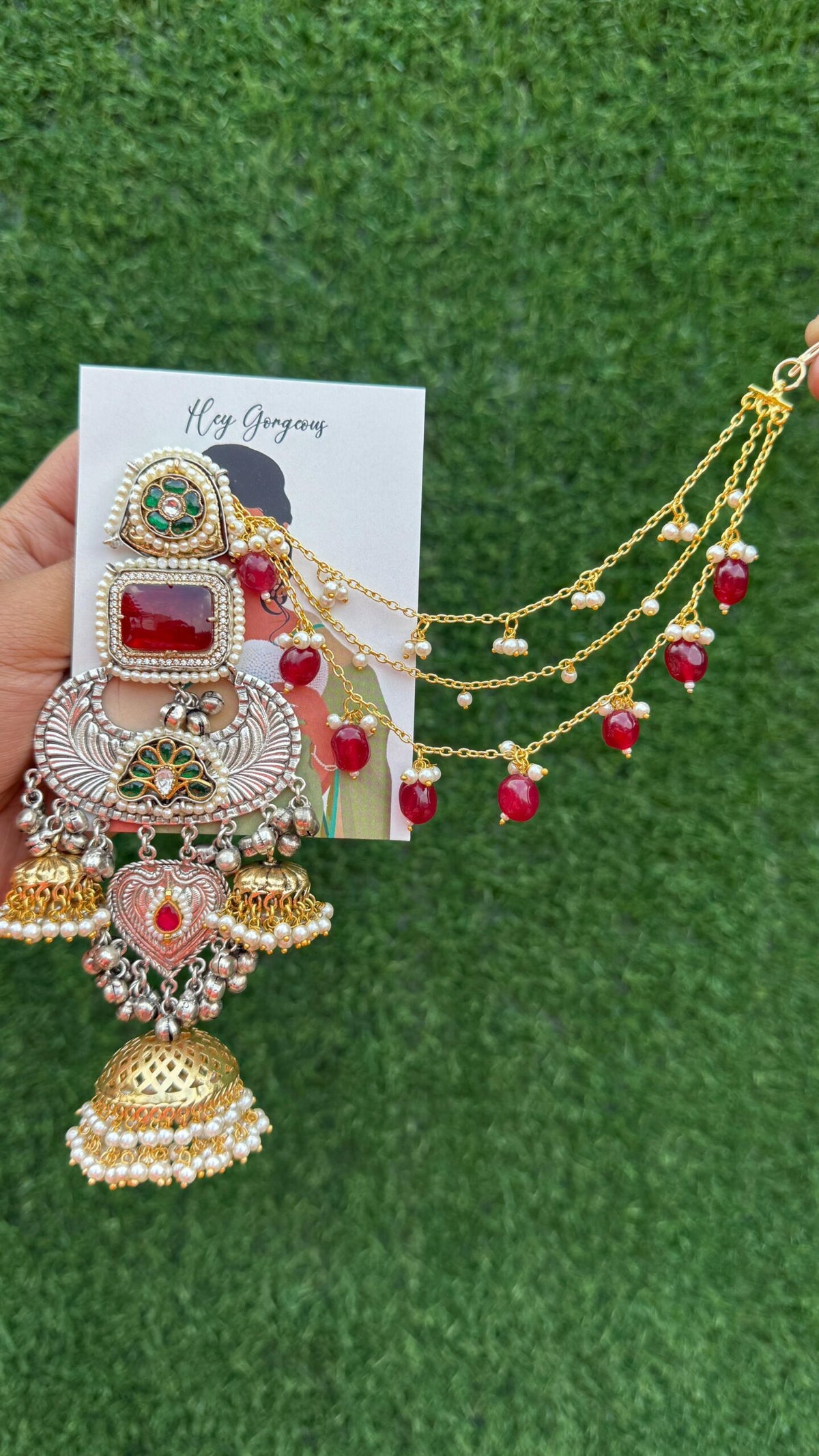 Meher jhumka -silver red colour image 0
