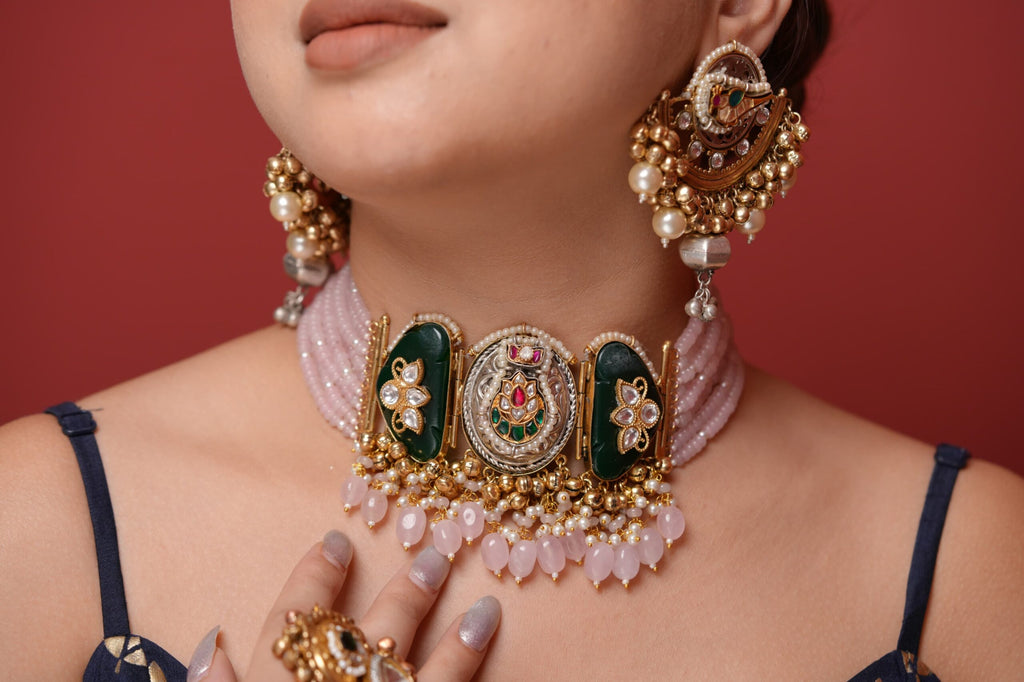 Ruhani choker-dark green and  pink colour - Only Choker image