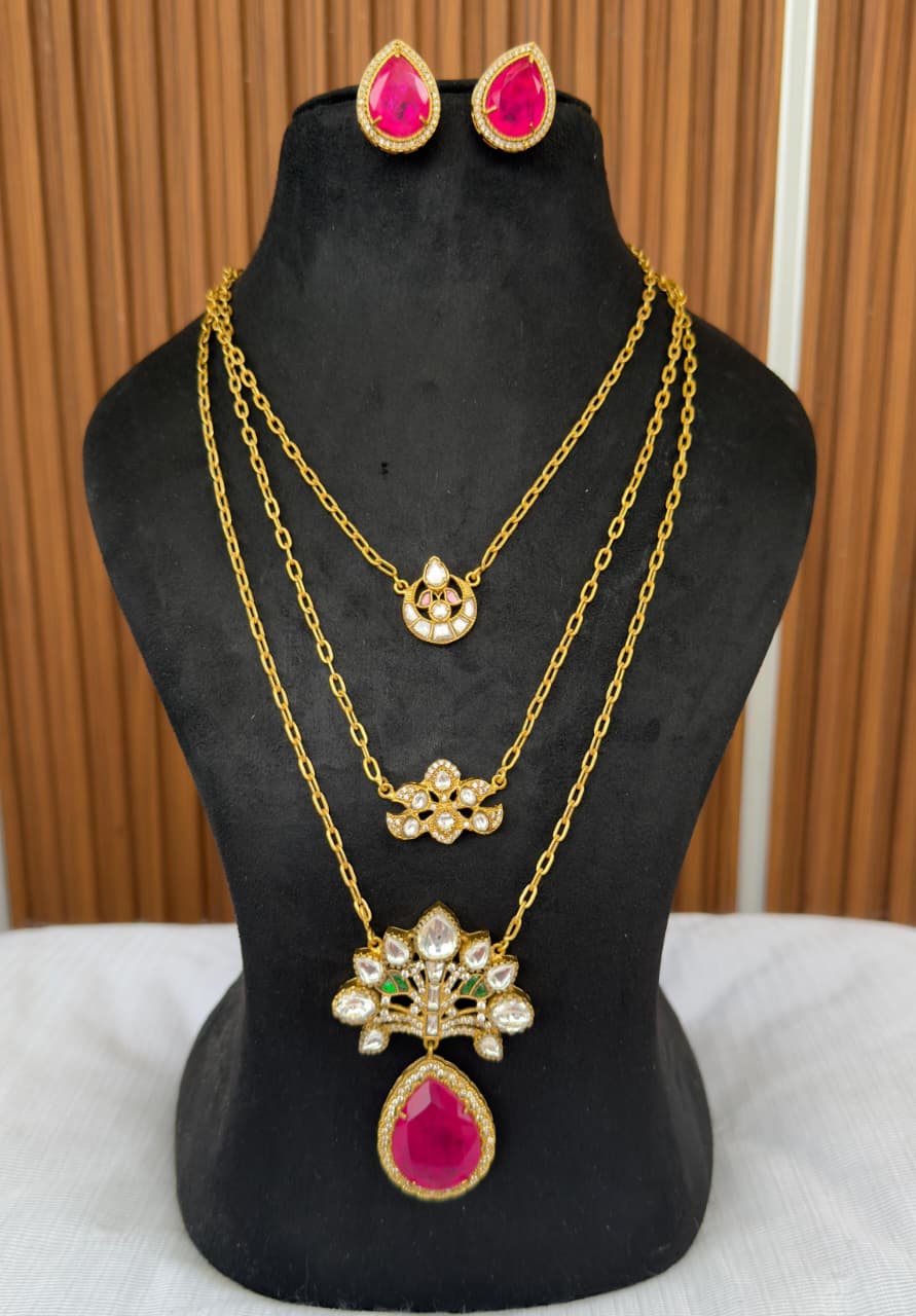 Mugdha neckpiece- 3 layered neckpiece with earrings - Hot Pink image