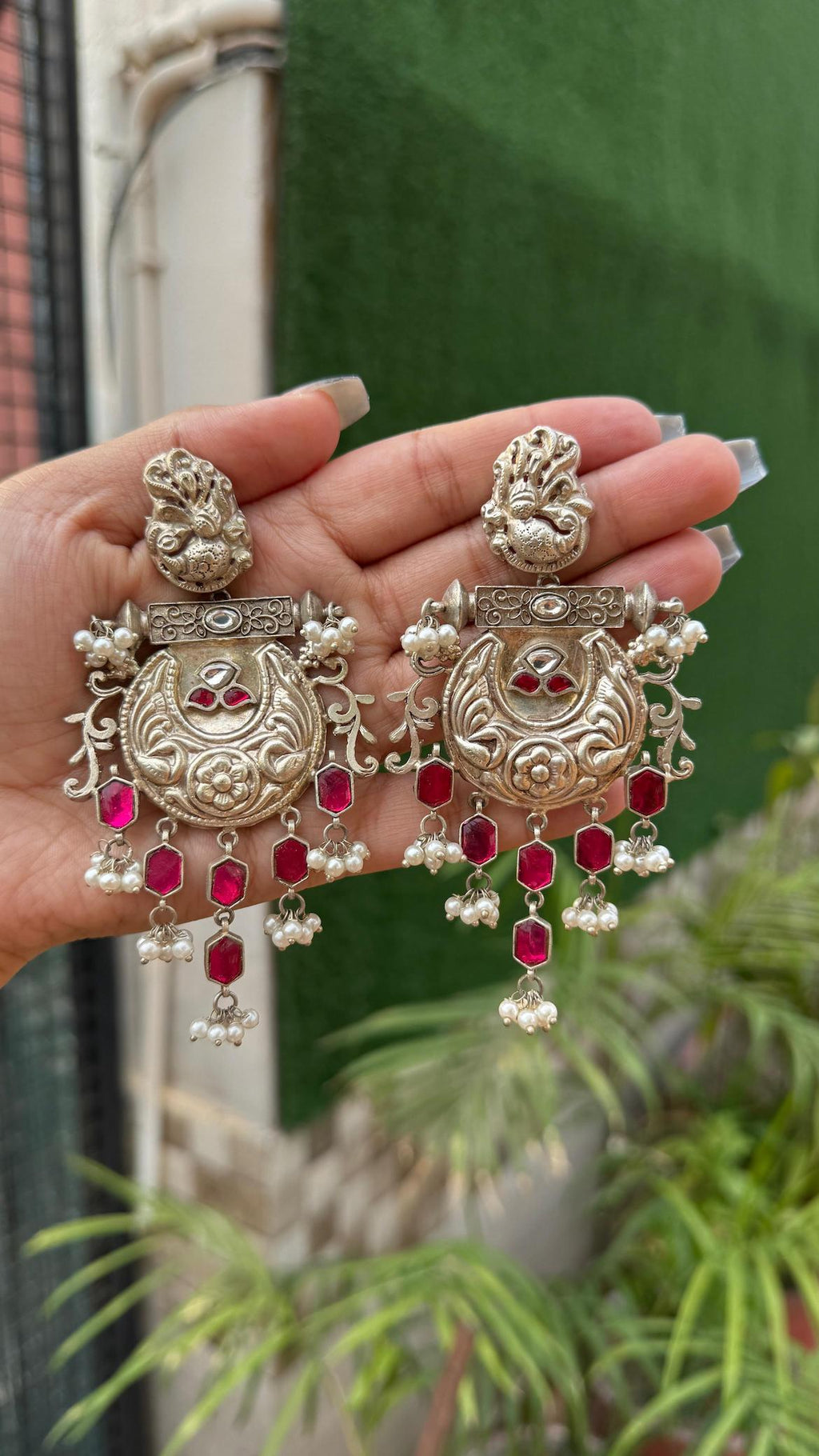 Pakistani silver earrings - Pink image 0