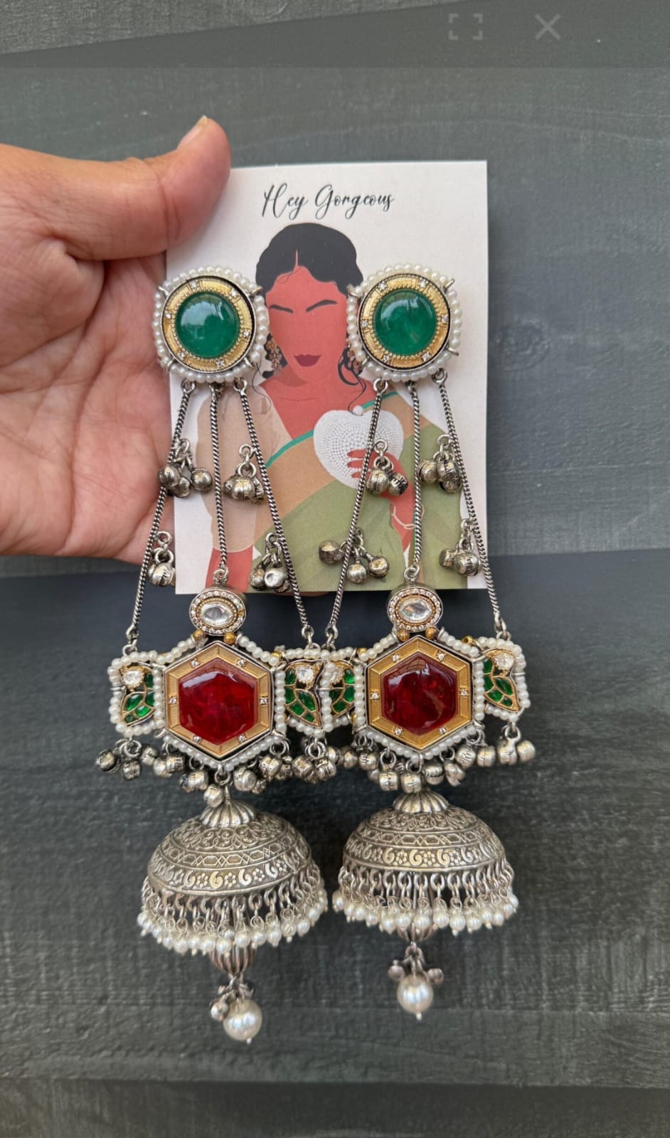 Maha Jhumka - Green and Red Silver image