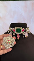 Sidya Choker with studs- Silver green colour image 0