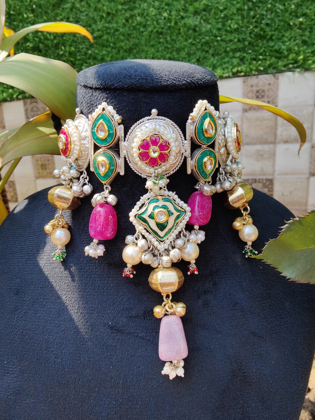 Silver Green Choker with pink stones image 1