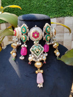 Silver Green Choker with pink stones image 1