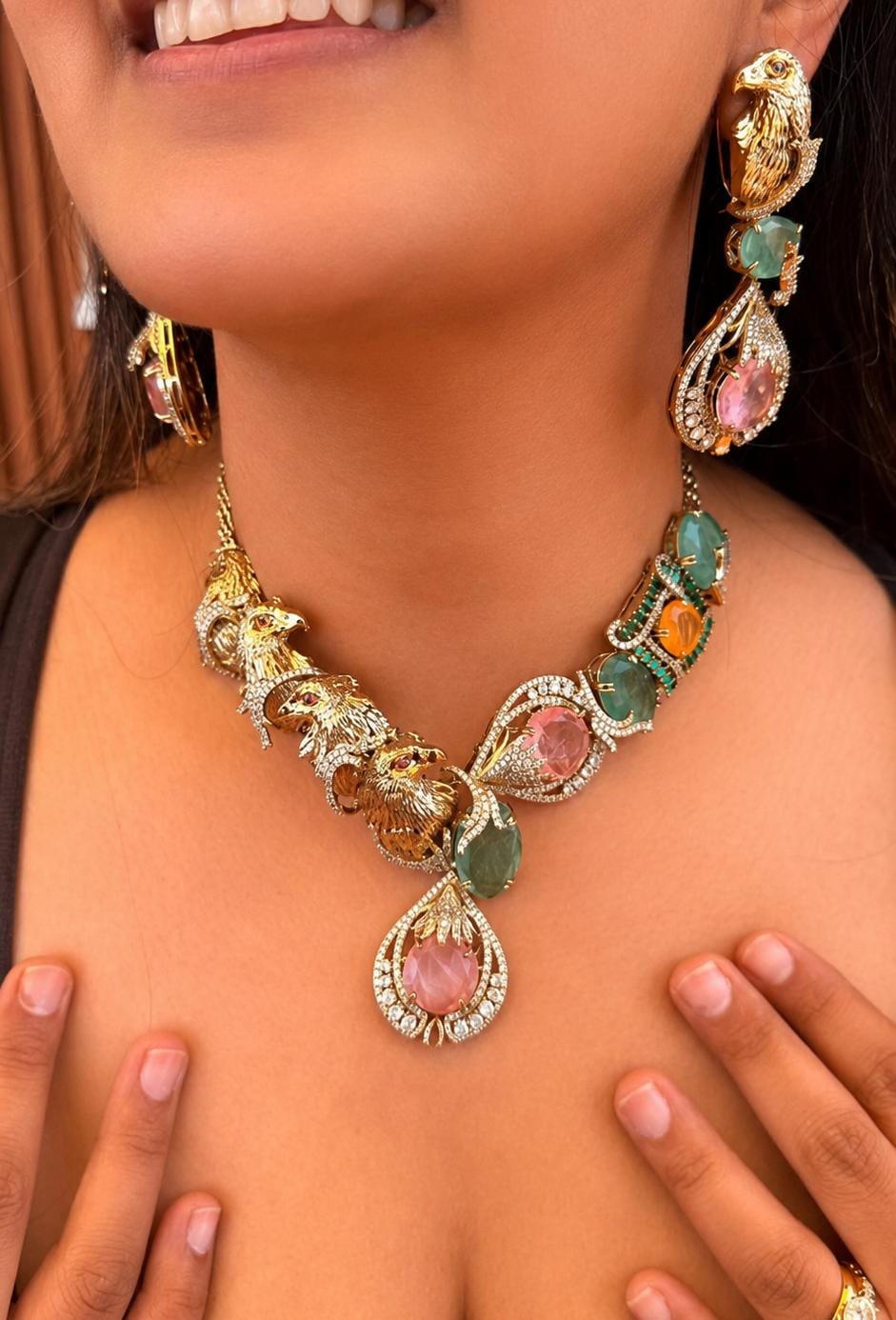 Vantara Neckpiece with earrings 1.1 - Pink and Green image