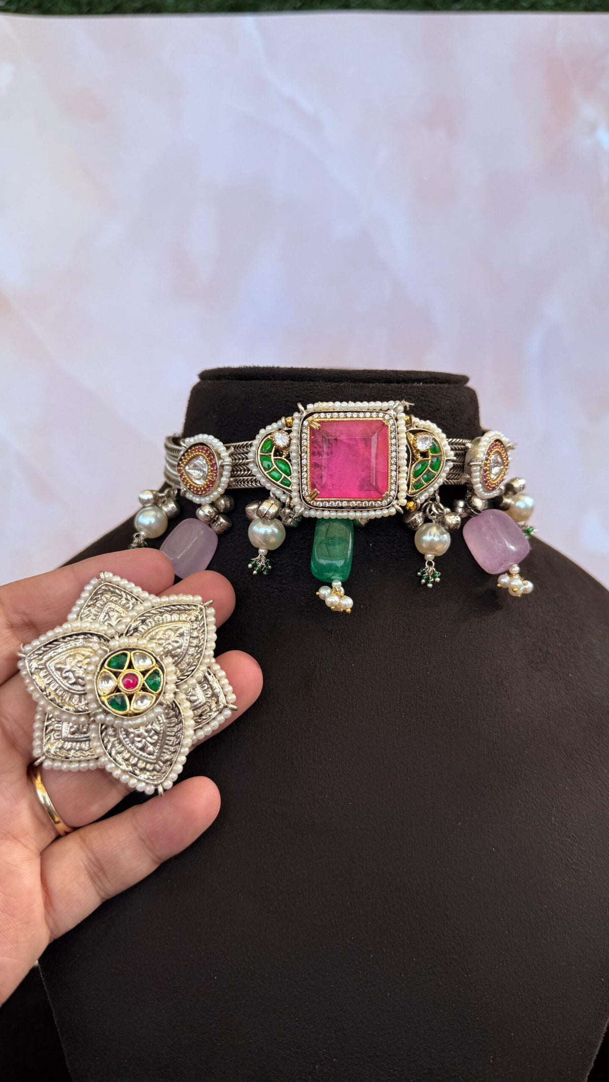 Sidya Choker with studs- Silver pink colour image 0