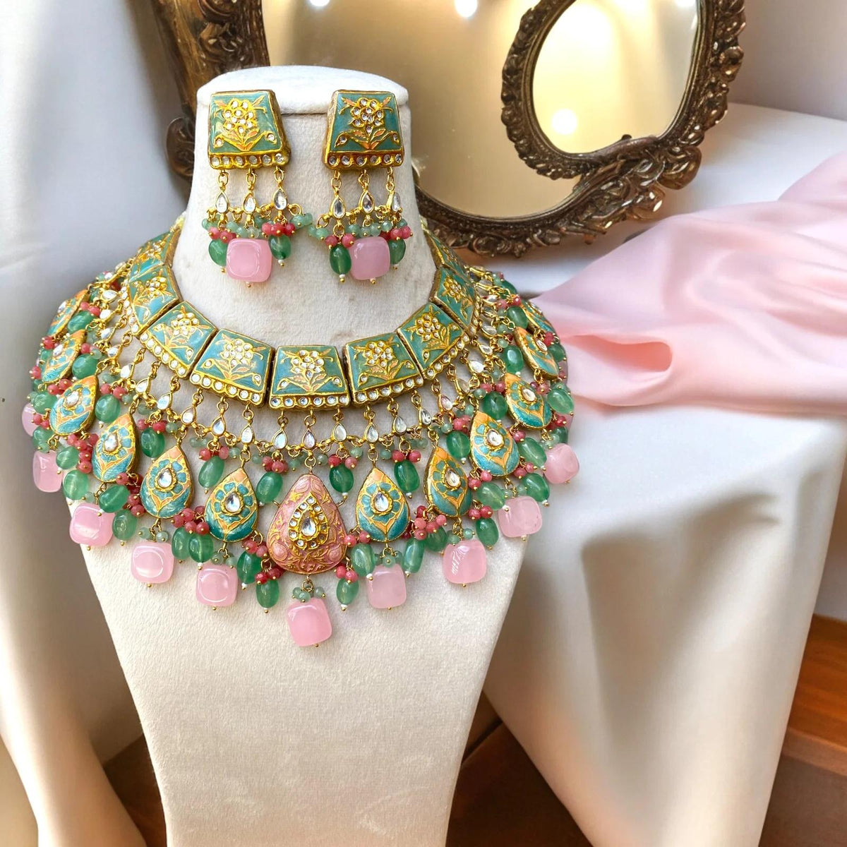 Partaash Pink set with earrings- Mehendi function image 1