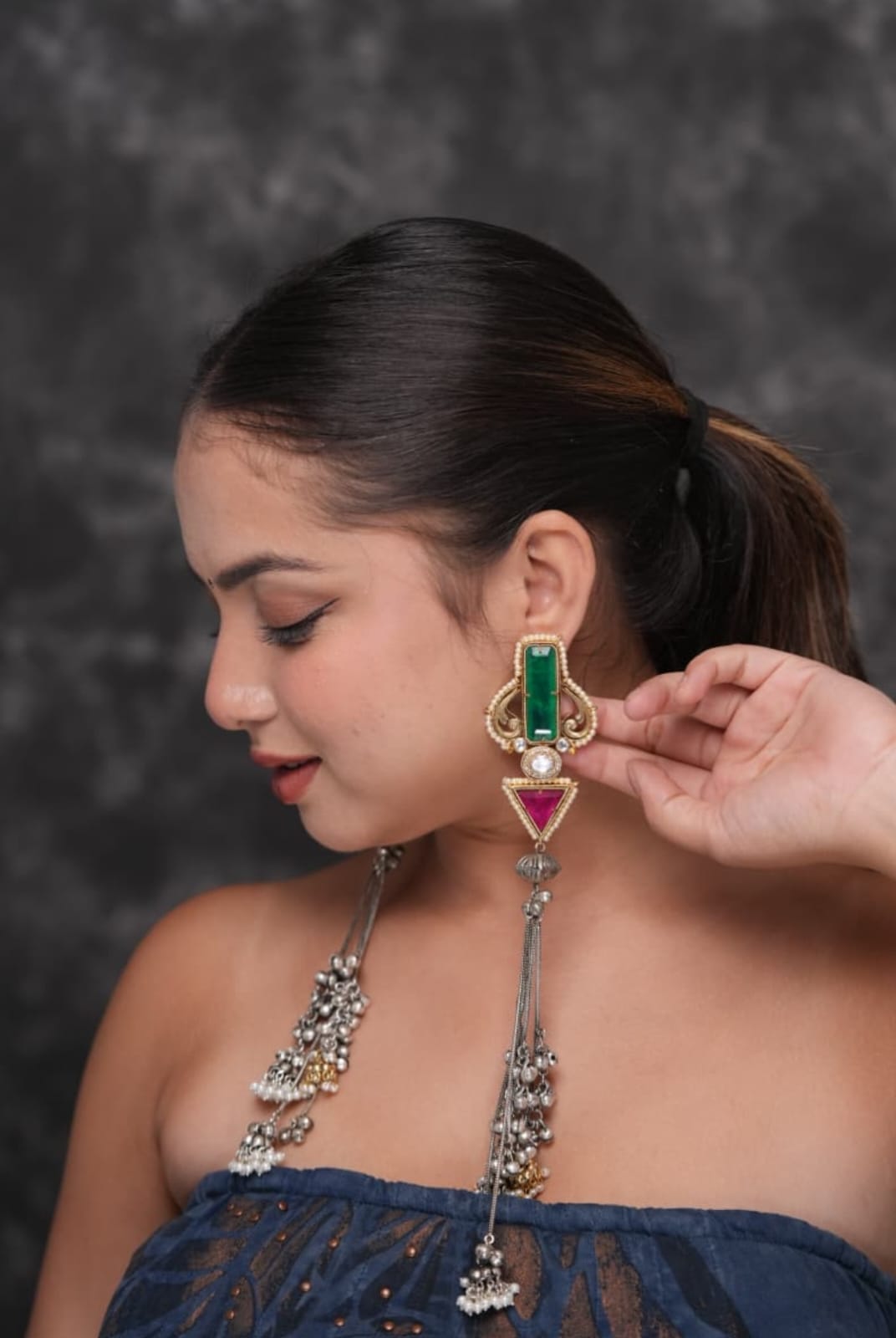 Aadya Earrings - Dark Green and Hot pink image
