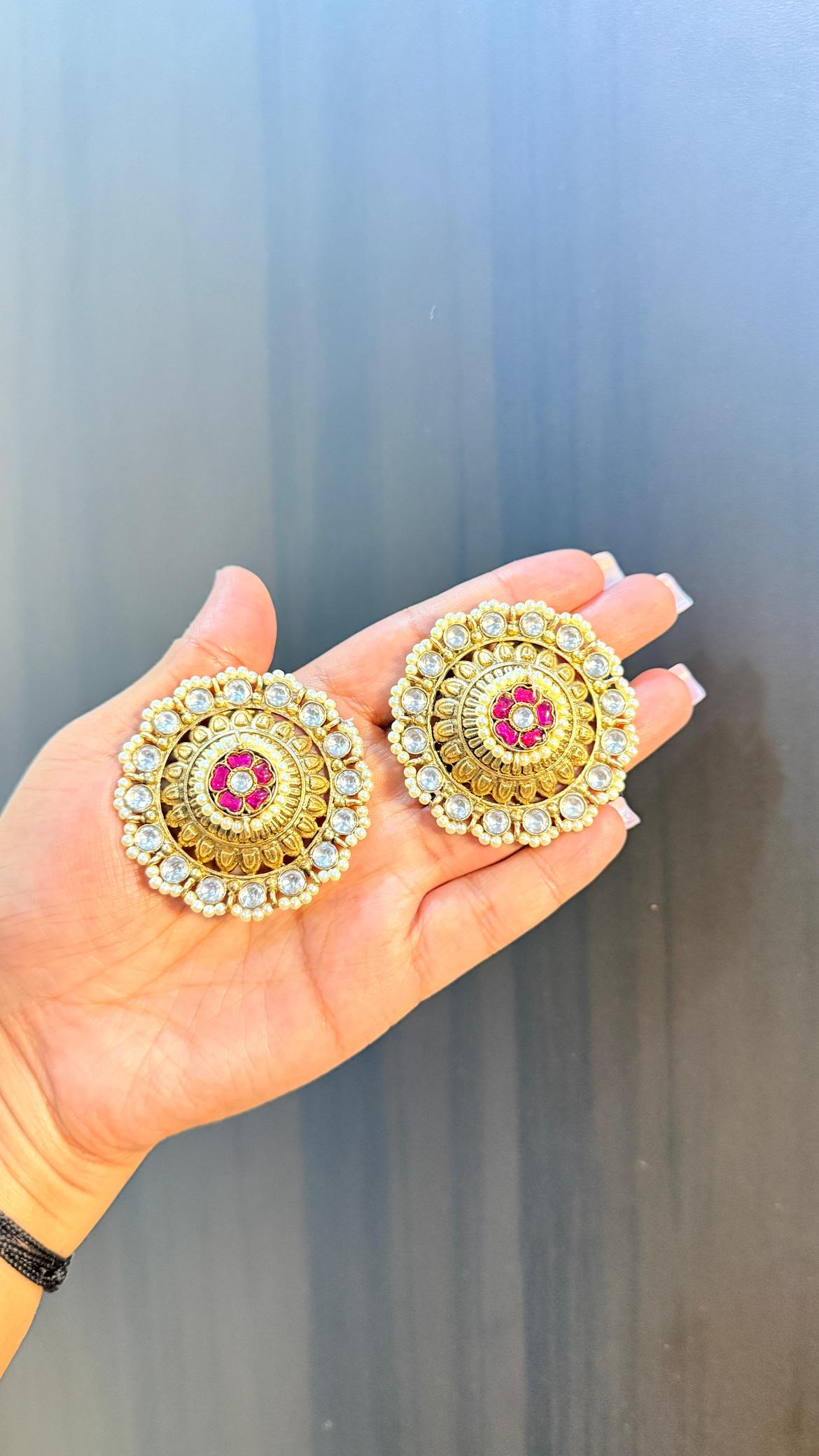 Kundan Flower Studs - Ruby image 1