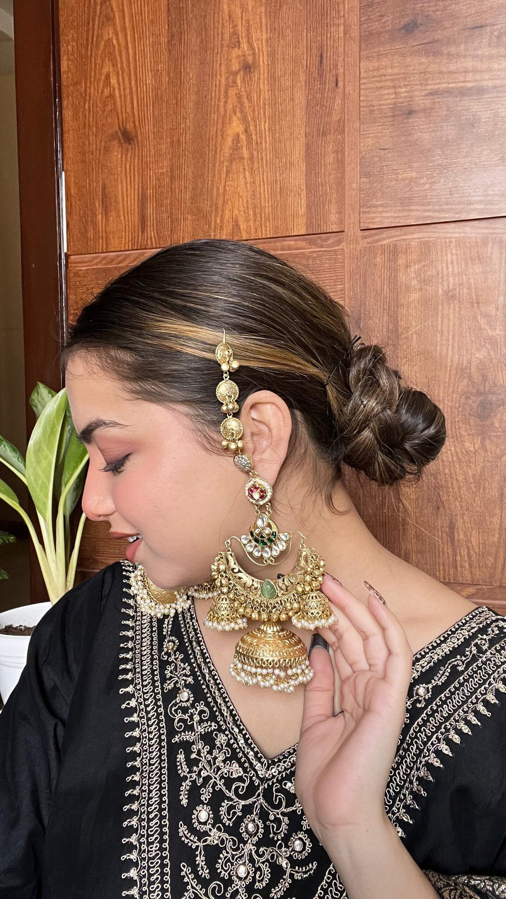 Gulabo-  Tripple Jhumki with hair chain image 2