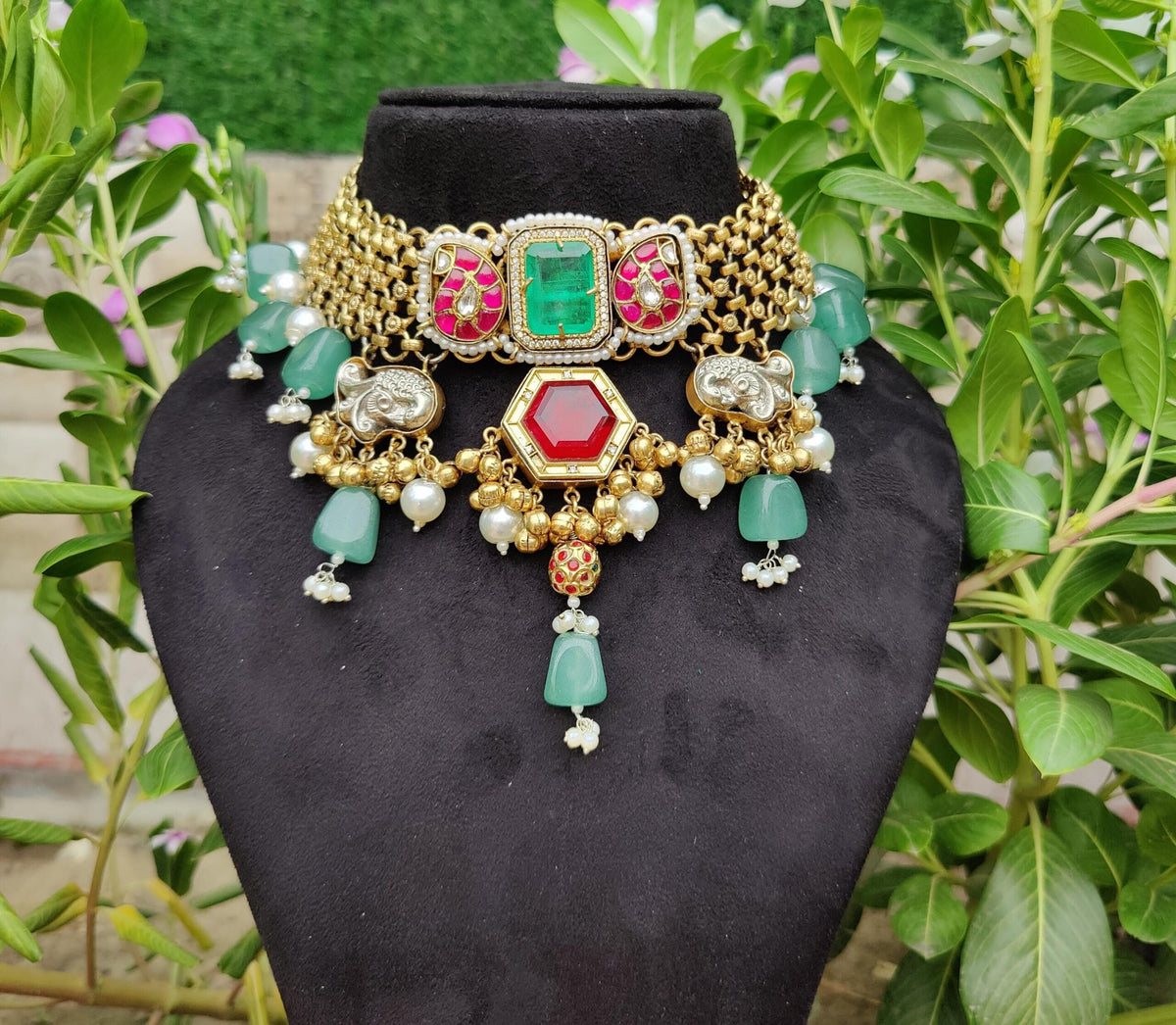 Alvira choker- light green and red  colour image 0