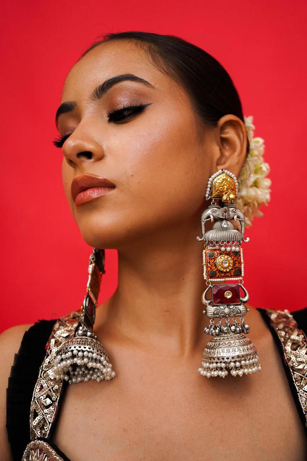 Silver Jhumka with Red stone image 1