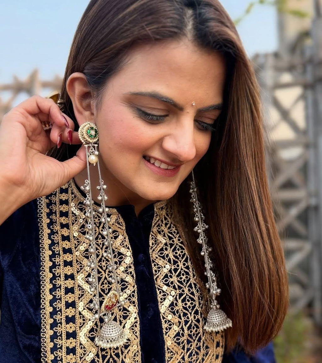 long kashmiri earrings-Silver colour image 1