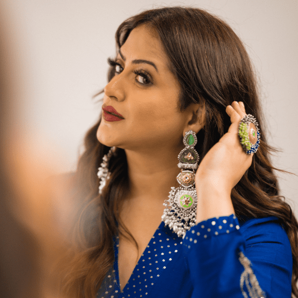 Silver plated earrings with pearl work image 1