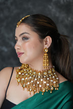 Maharani polki set with mangtikka- Temple gold finish image 2