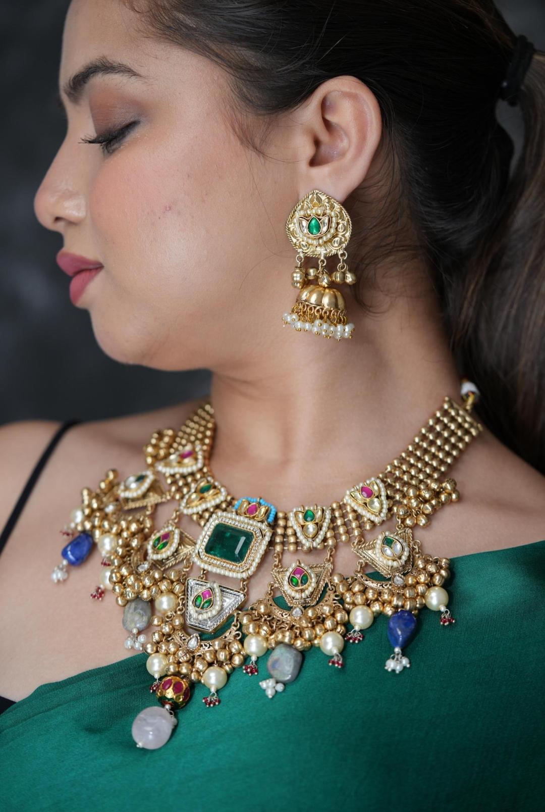 Bridal neckpiece with small jhumki - Dark Green image