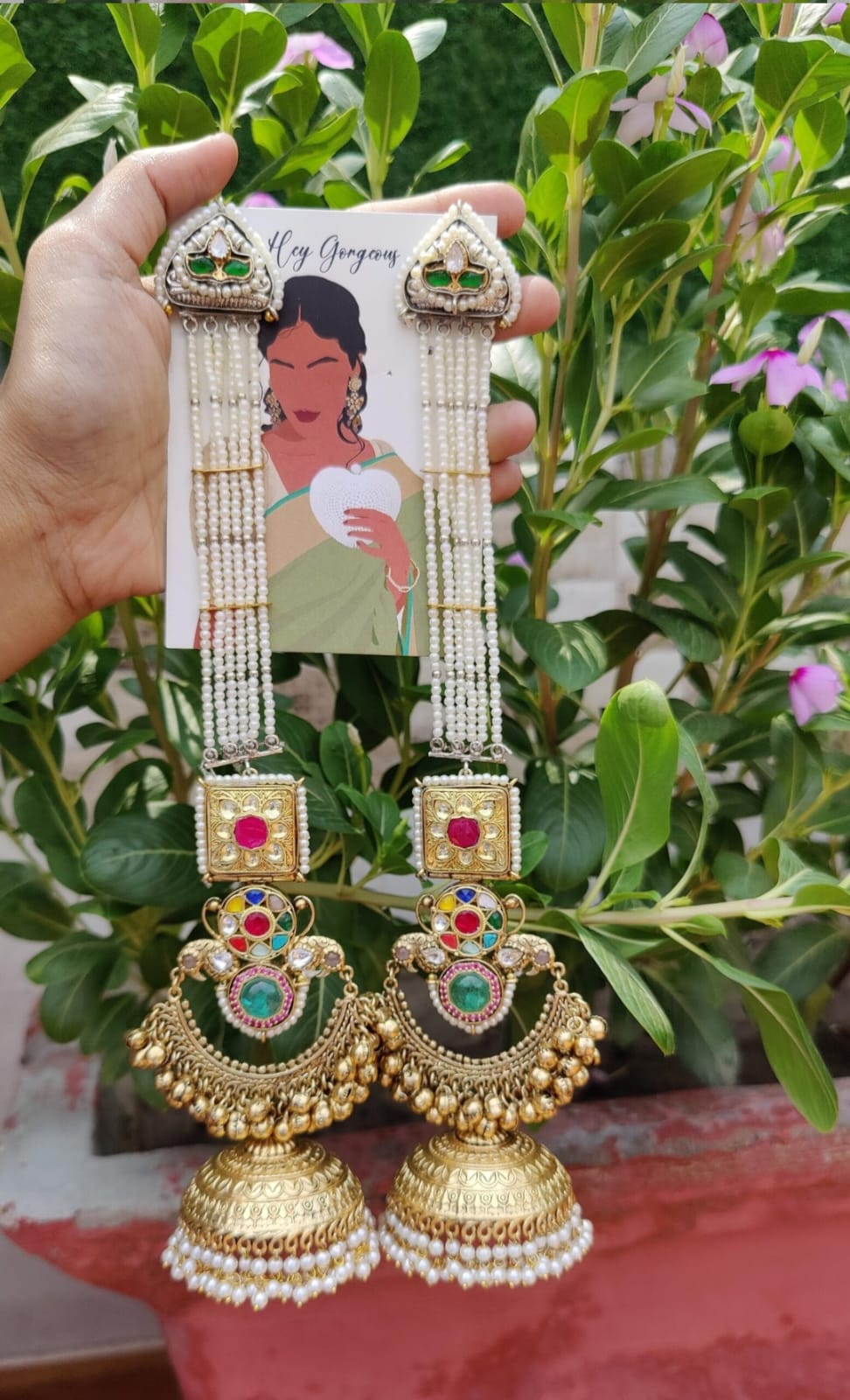 Nargis Earrings - Green and Pink image
