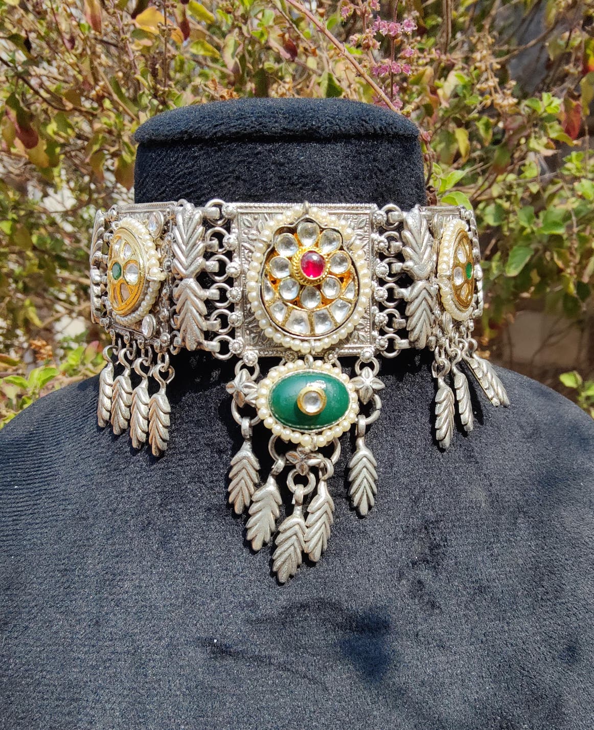 Silver tribal choker with panchi kundan image 1