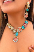Vantara Neckpiece with earrings 1.1 - Peach Pink and Blue image