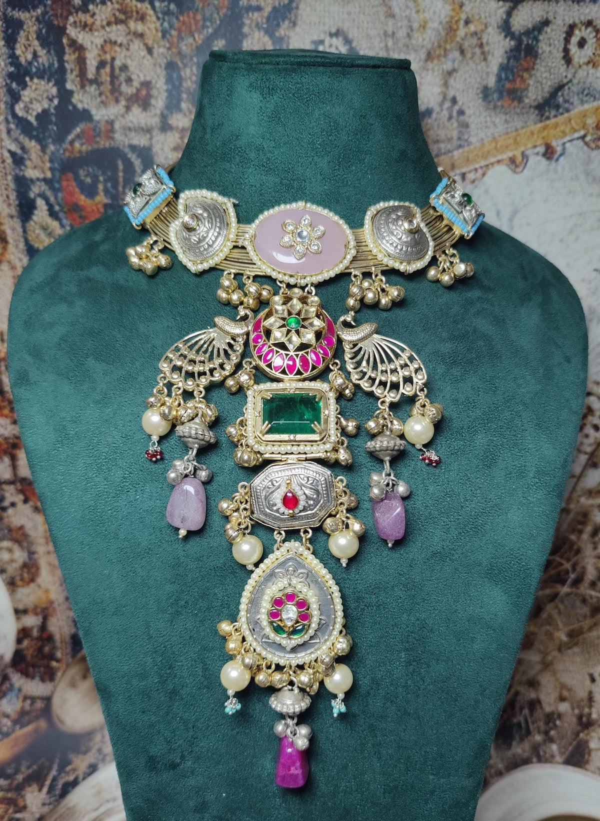 Maharani hancrfated hasli-pink and dark green colour image 1