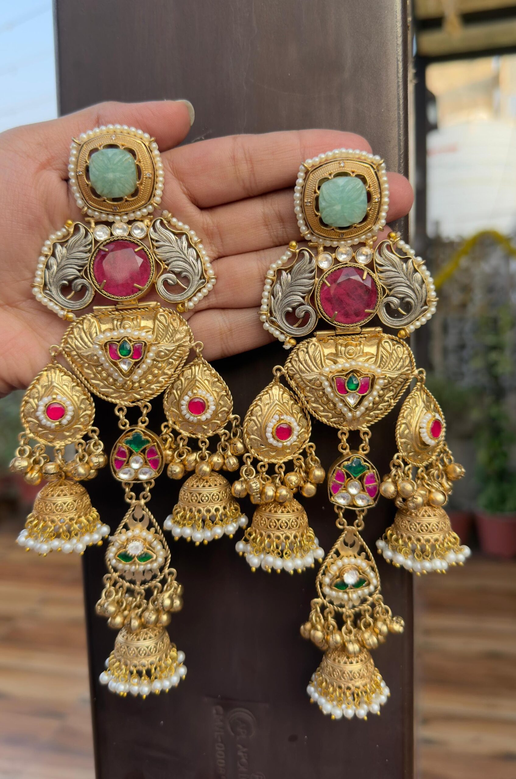 Alia jhumka- Green and hot pink colour